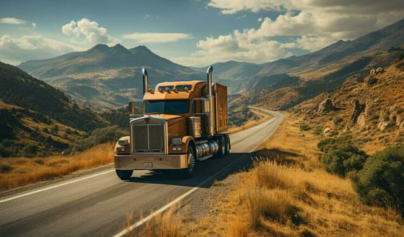 A large blue semi-truck driving on a busy highway, representing comprehensive trucking insurance coverage provided by Insurance Company Lancaster Ohio LLC.