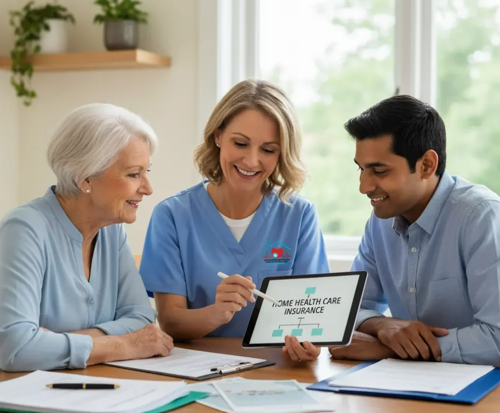 a friendly insurance agent discussing home health insurance options with a happy family in Lancaster, Ohio. The agent is showcasing various policies that cater to the diverse needs of local residents. The setting conveys trust, expertise, and personalized service, emphasizing the commitment of Lancaster Ohio LLC to provide comprehensive home health insurance solutions.