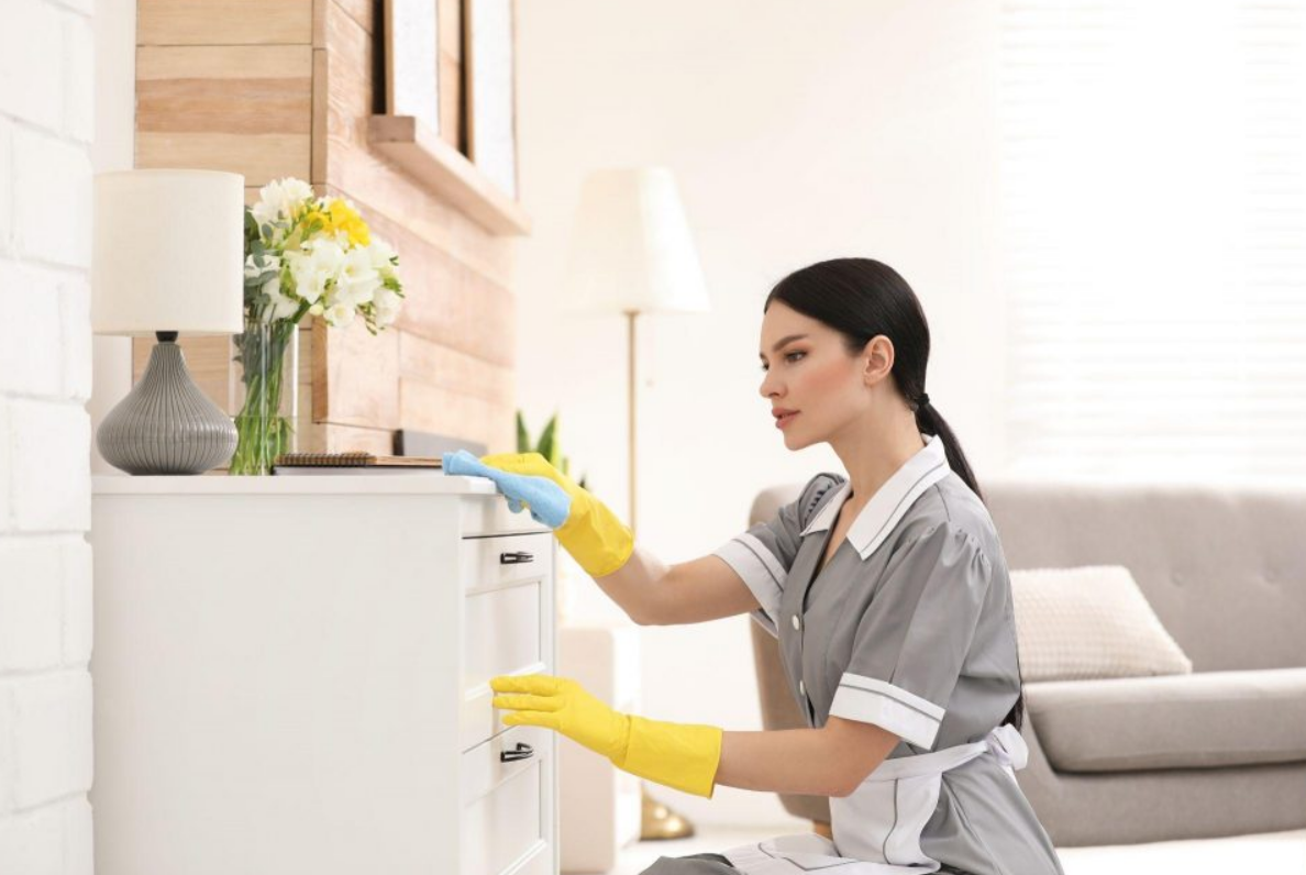 a professional housekeeper in a residential home setting, wearing a uniform and holding cleaning supplies. The backdrop features a cozy and well-maintained living room interior, symbolizing the protection and reliability offered by Insurance Company Lancaster Ohio for housekeepers’ needs.